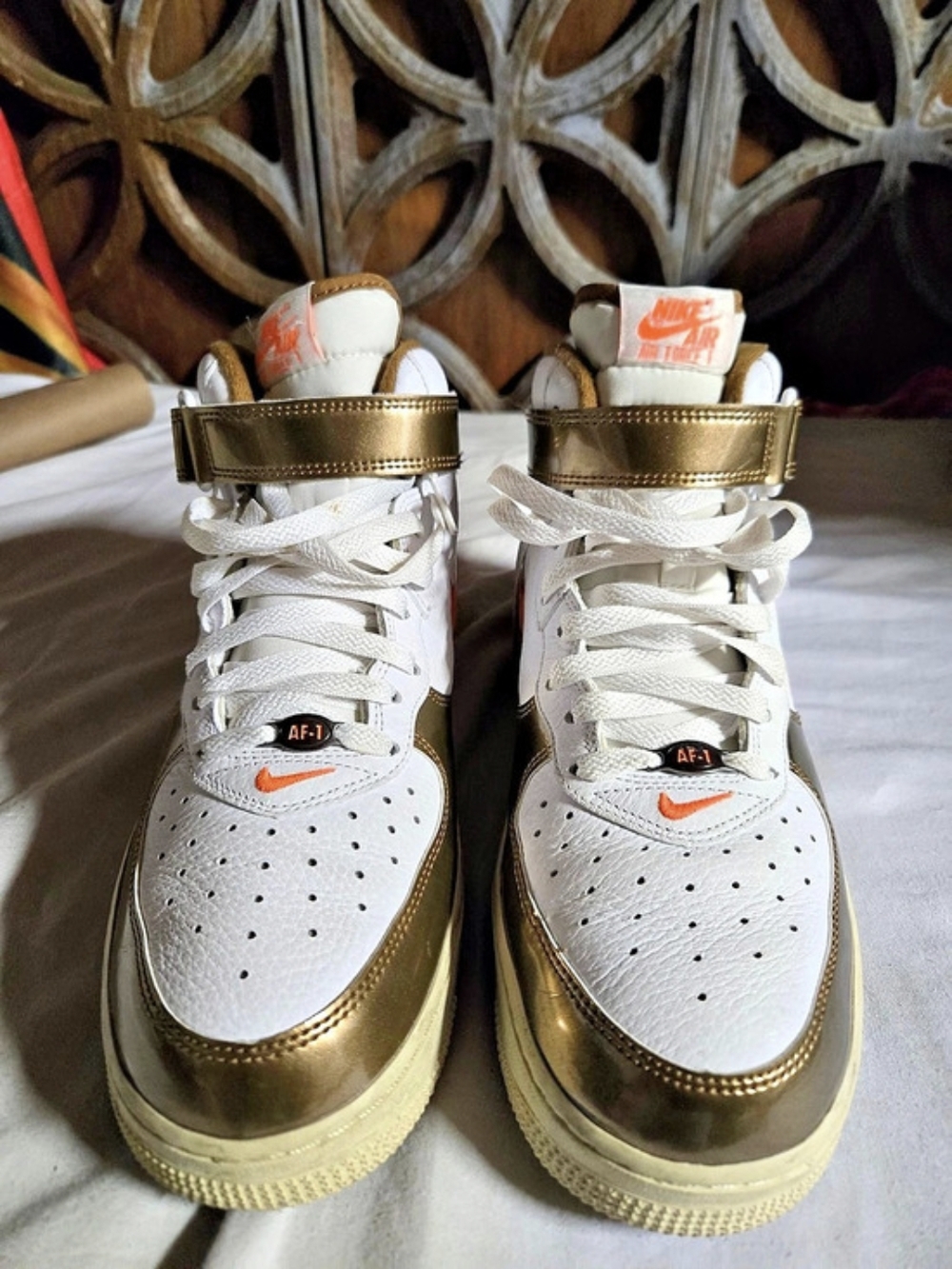 Nike Air Force 1 Mid Metallic Gold Orange Sneakers White & Gold